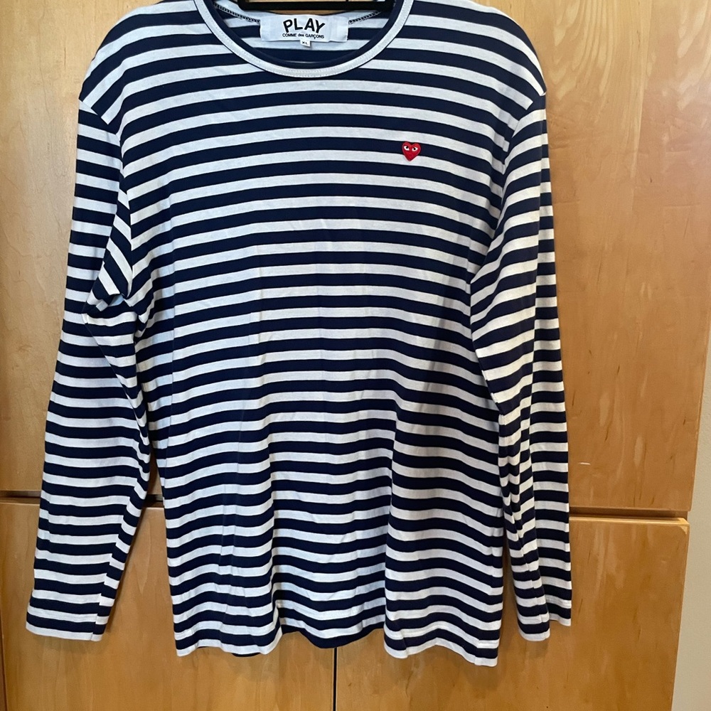 Comme des Garcons Play Little Red Heart Long Sleeve Stripe Tee. Size XL.